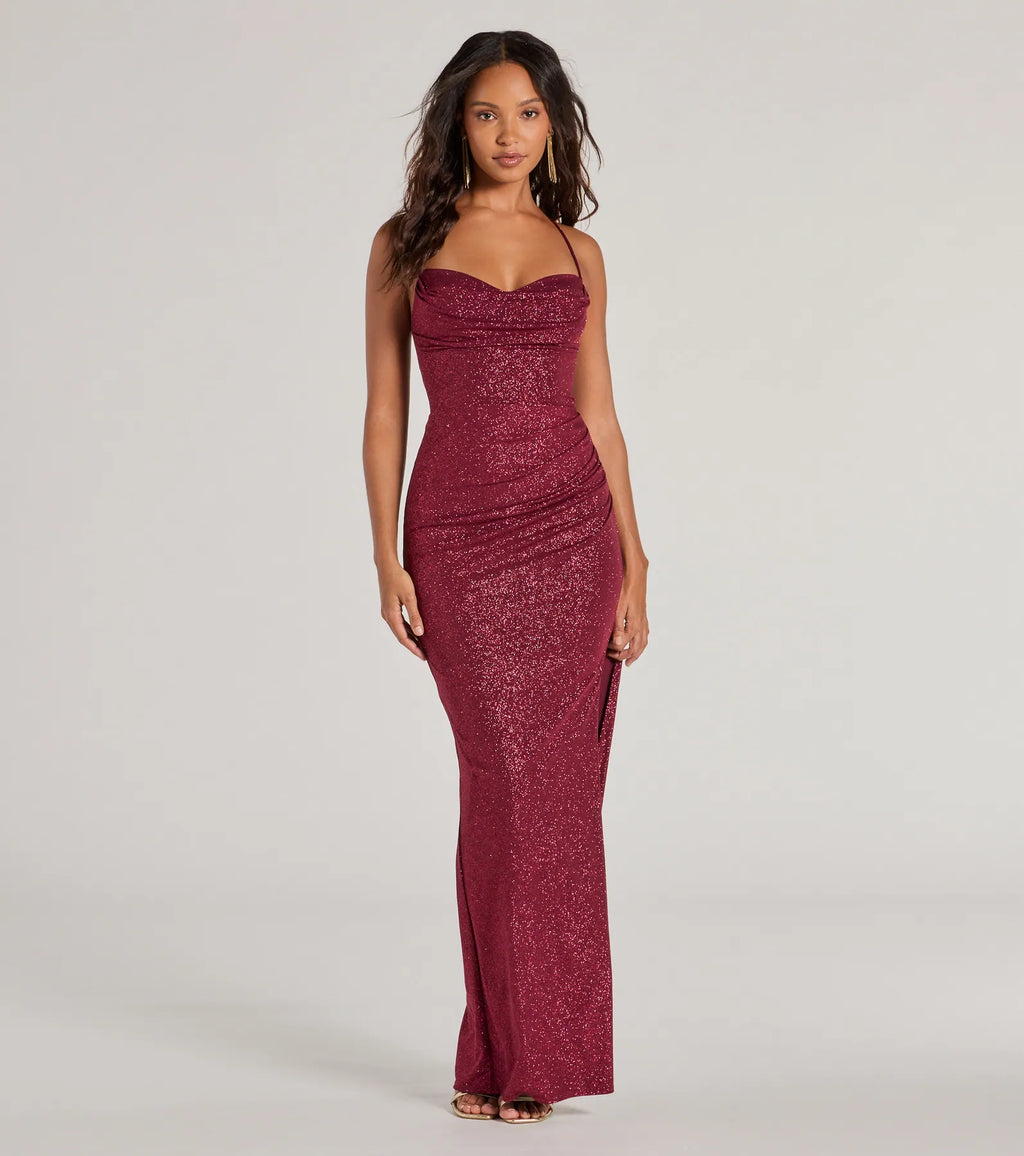 Eleanor Lace-Up Slit Sequin Formal Dress Teal Burgundy