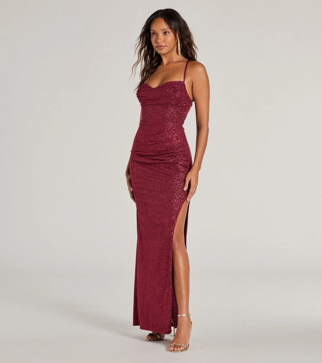 Eleanor Lace-Up Slit Sequin Formal Dress Teal Burgundy