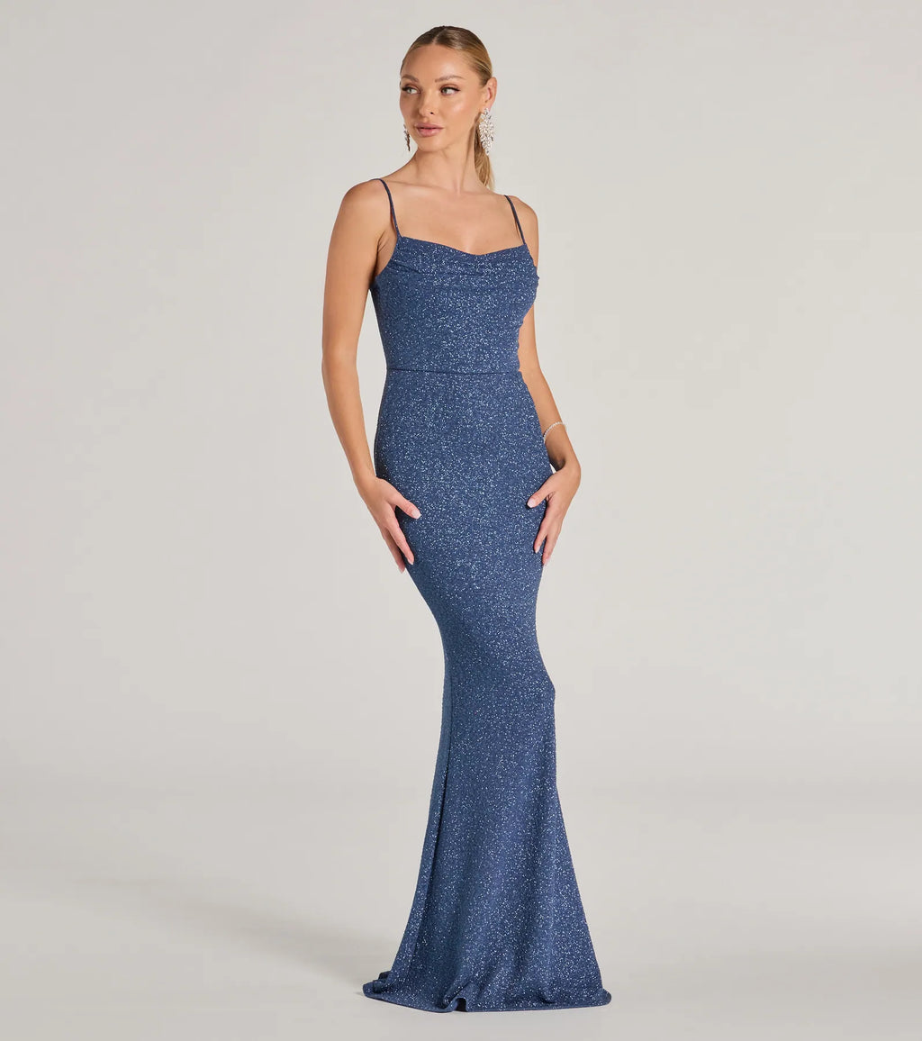 Erica Sequined Cowl Neck Mermaid Formal Dress White Hunter Denim
