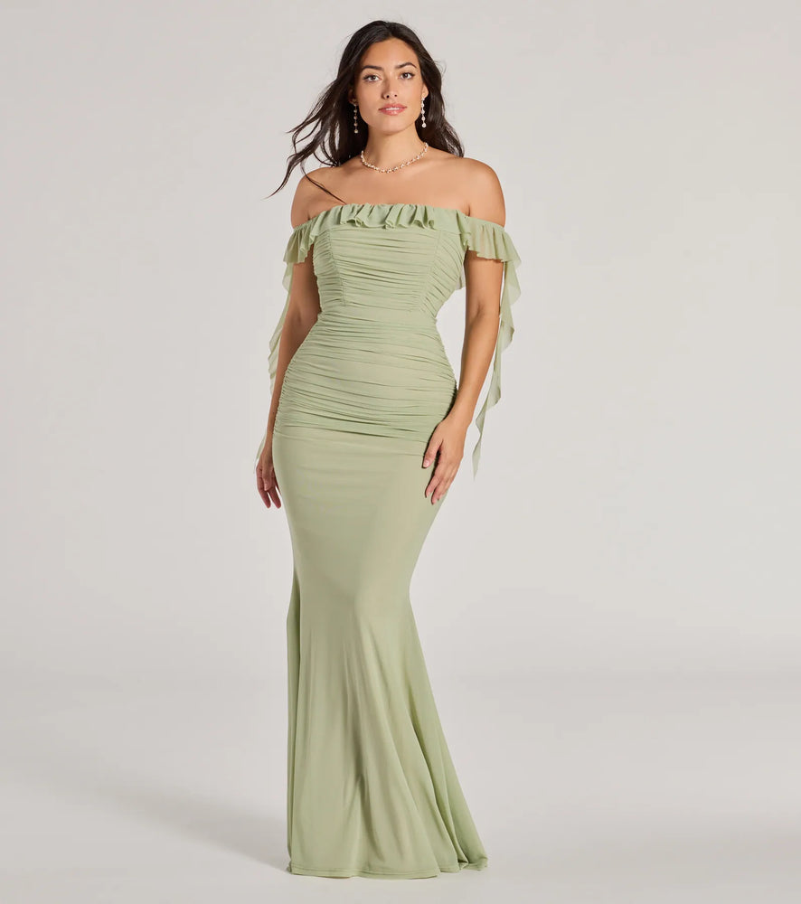 Windsor Deyna Formal Mesh Off-The-Shoulder Long Dress in Sage