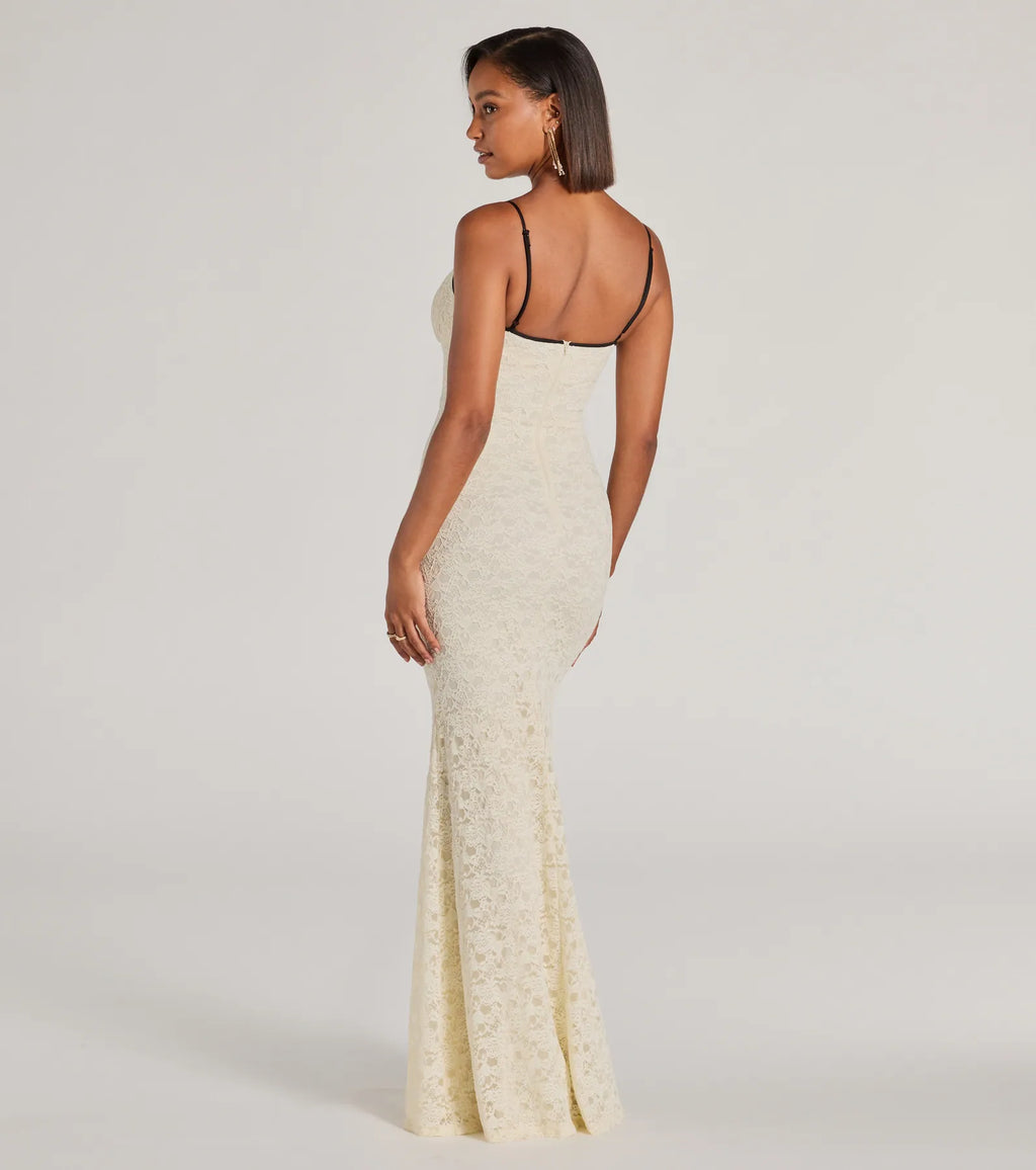 Glinda V-Neck Bow Lace Mermaid Formal Dress Ivory
