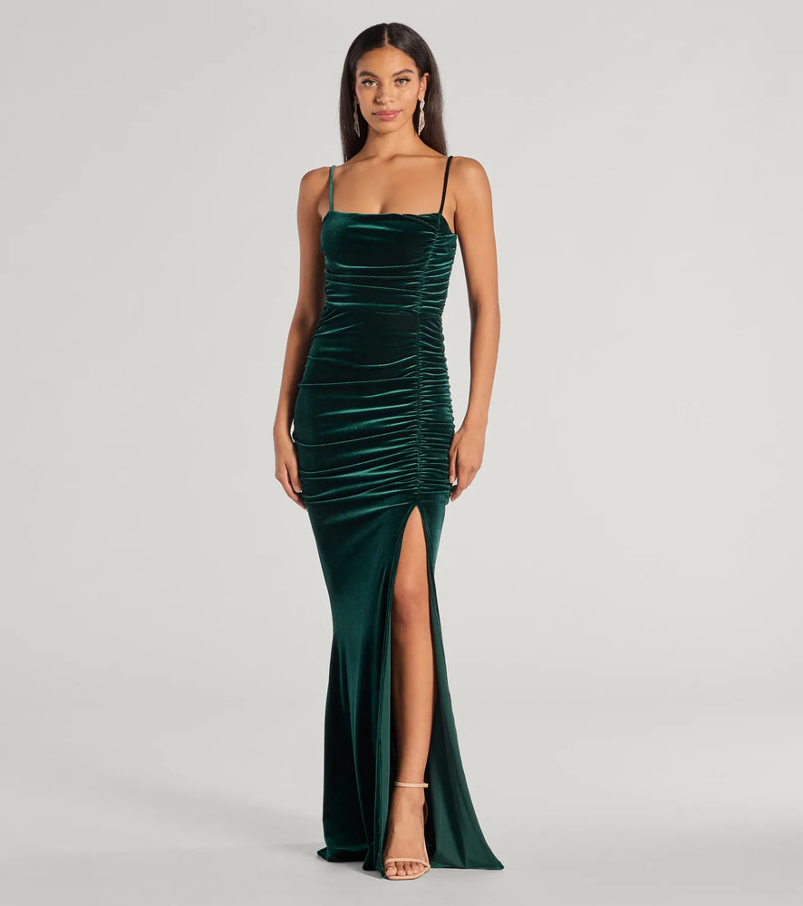 Alondra Ruched Velvet Front Slit Mermaid Dress in Green