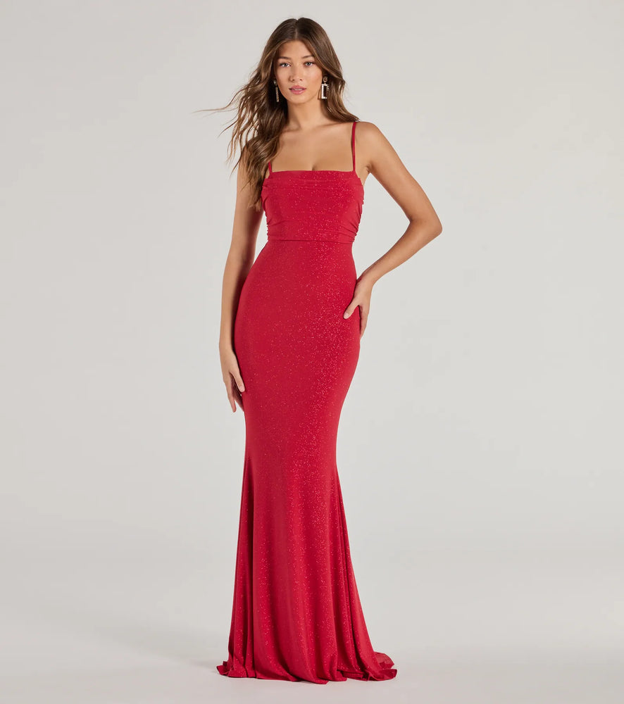Colleen Lace Up Mermaid Glitter Formal Dress in Red