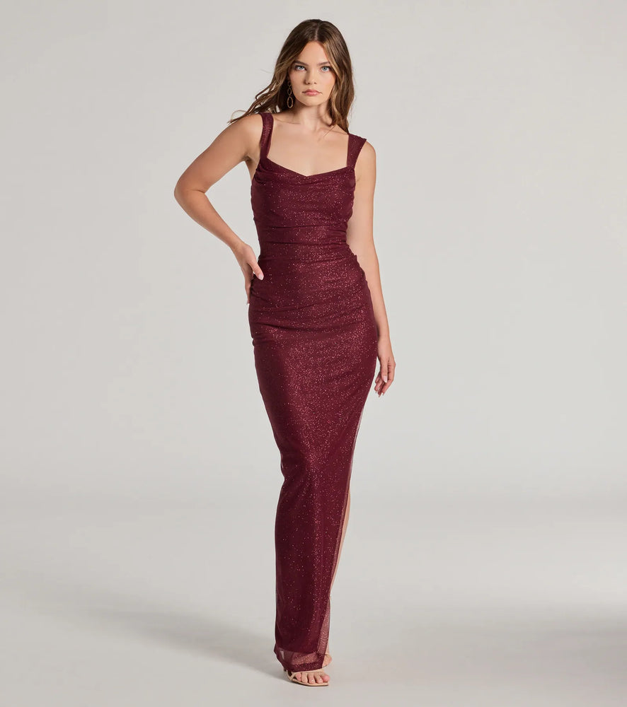 Windsor Amora Glitter Mesh High Slit Column Dress in Wine