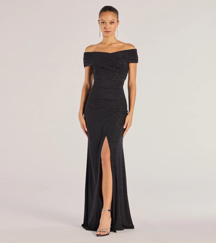 Windsor Giada Glitter Knit Off-the-Shoulder Column Dress in Black