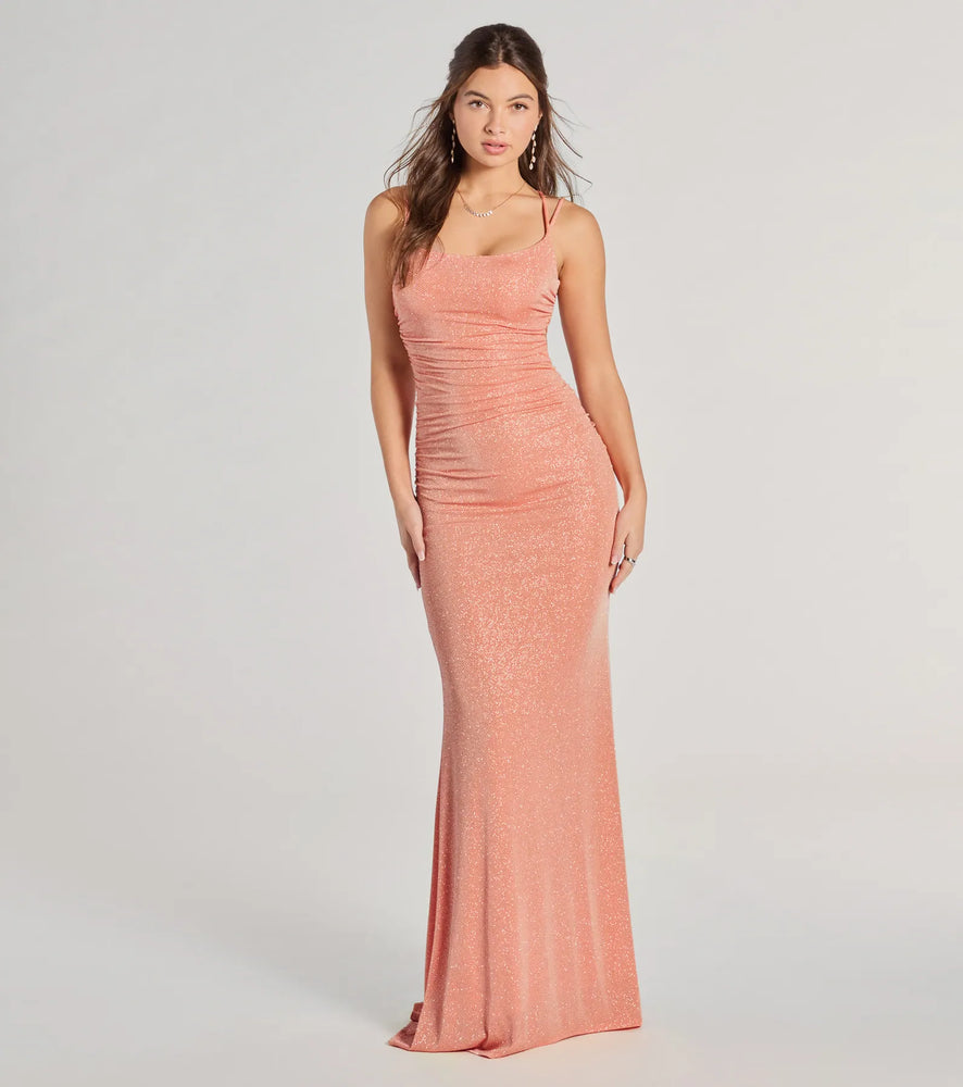 Windsor Rylie Formal Glitter Lace-Up Column Dress in Orange