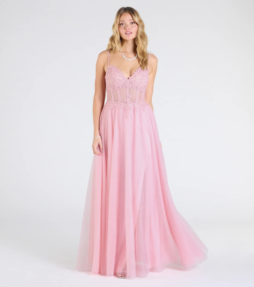 Windsor Fatima V-Neck Embroidered A-Line Tulle Dress in Pink