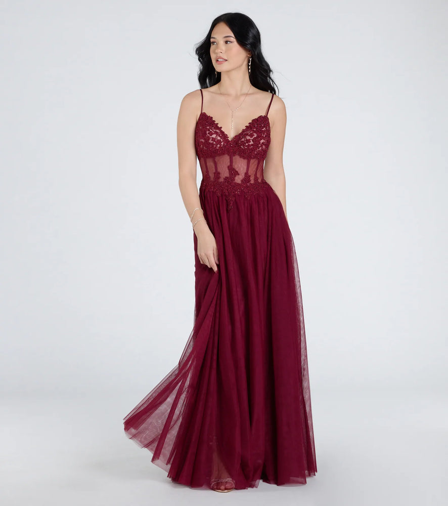 Fatima V-Neck Embroidered A-Line Tulle Dress in Wine