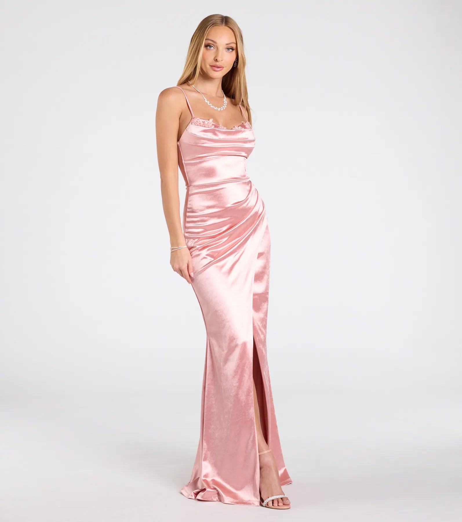 Michelle Applique Trim Wrap Satin Formal Dress