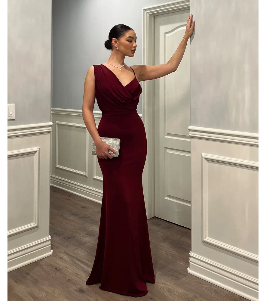 Windsor Margot One-Shoulder Cowl Neck Mermaid Dress in Wine
