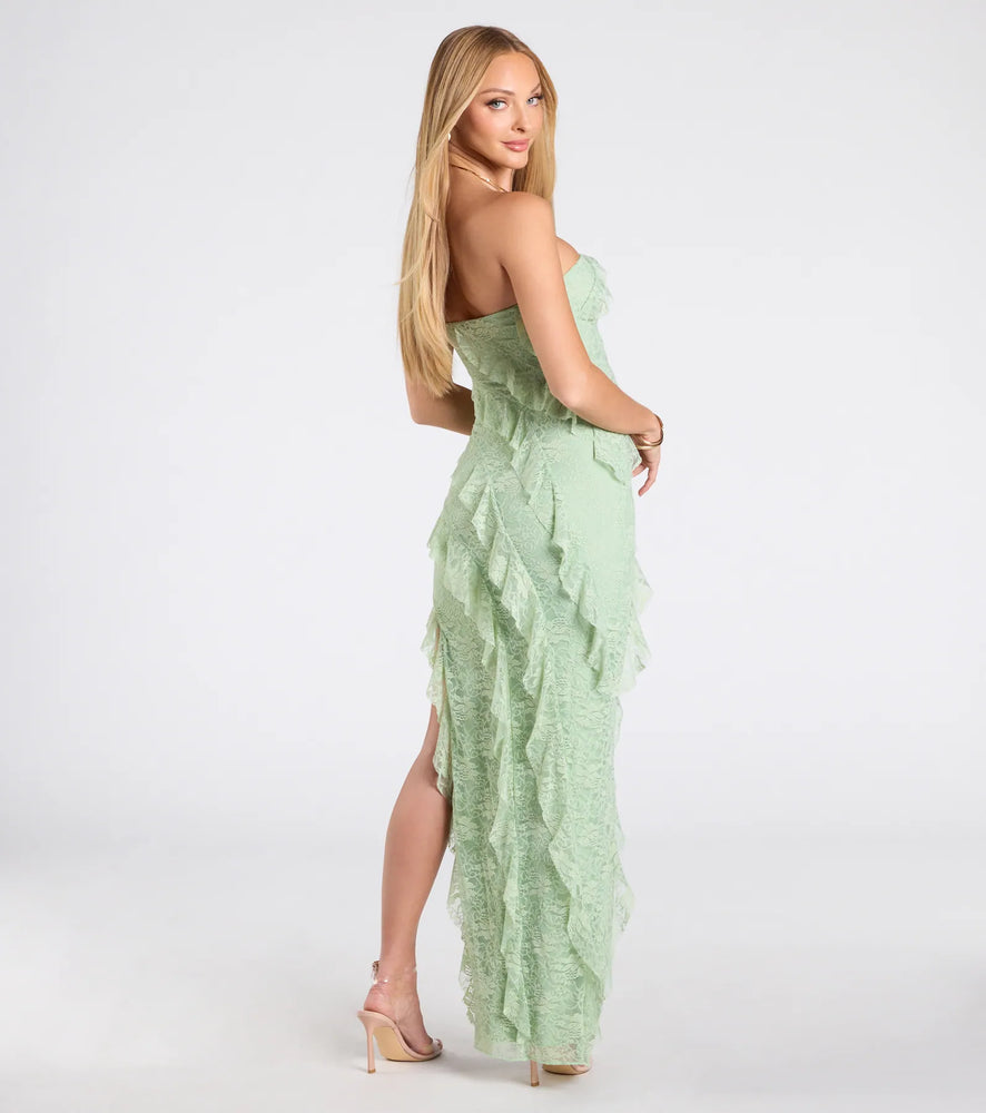 Ellie Ruffled Lace High Slit Formal Dress in Sage