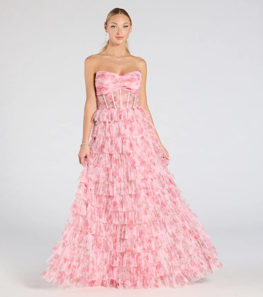 Kira Strapless Floral Tulle A-Line Formal Dress in Pink