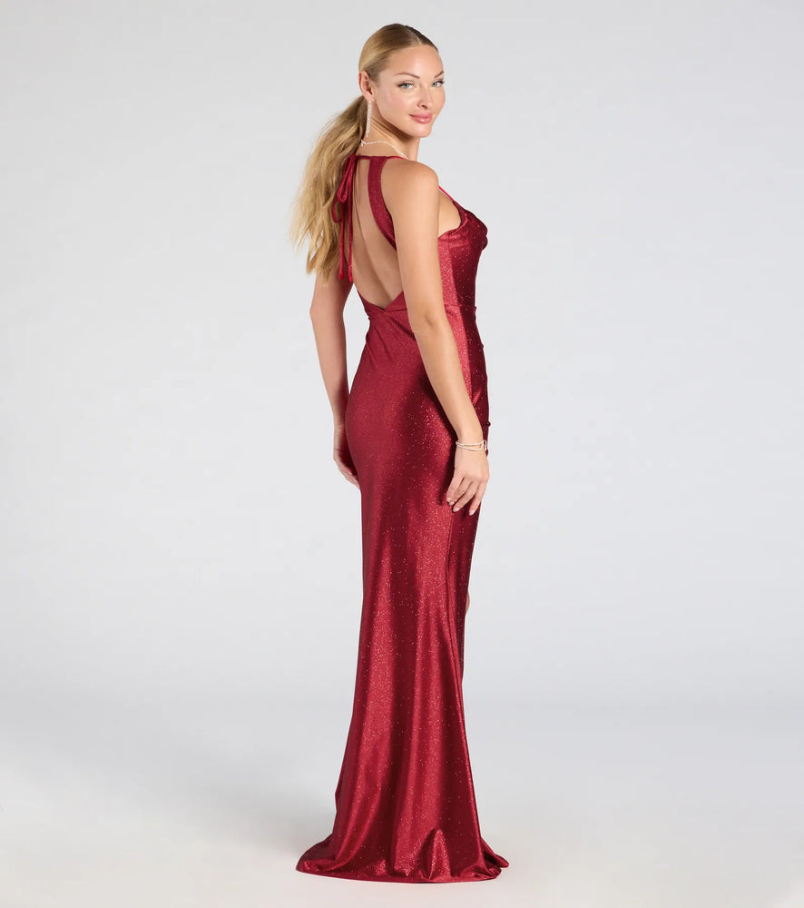Windsor Joyce Open Back Wrap Bodycon Glitter Formal Dress in Red