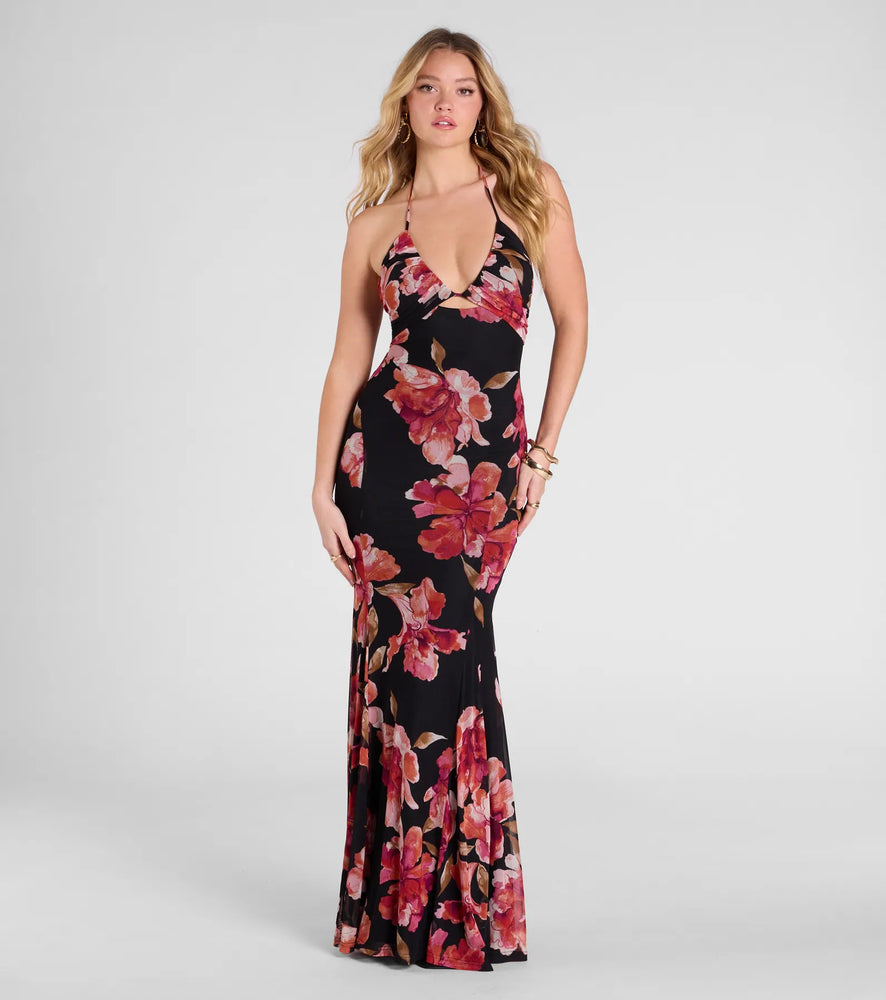 Malia Halter Mermaid Floral Mesh Formal Dress in Black