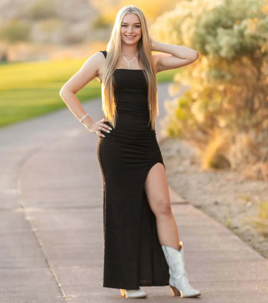 Devon Glitter Cutout High Slit Column Dress in Black