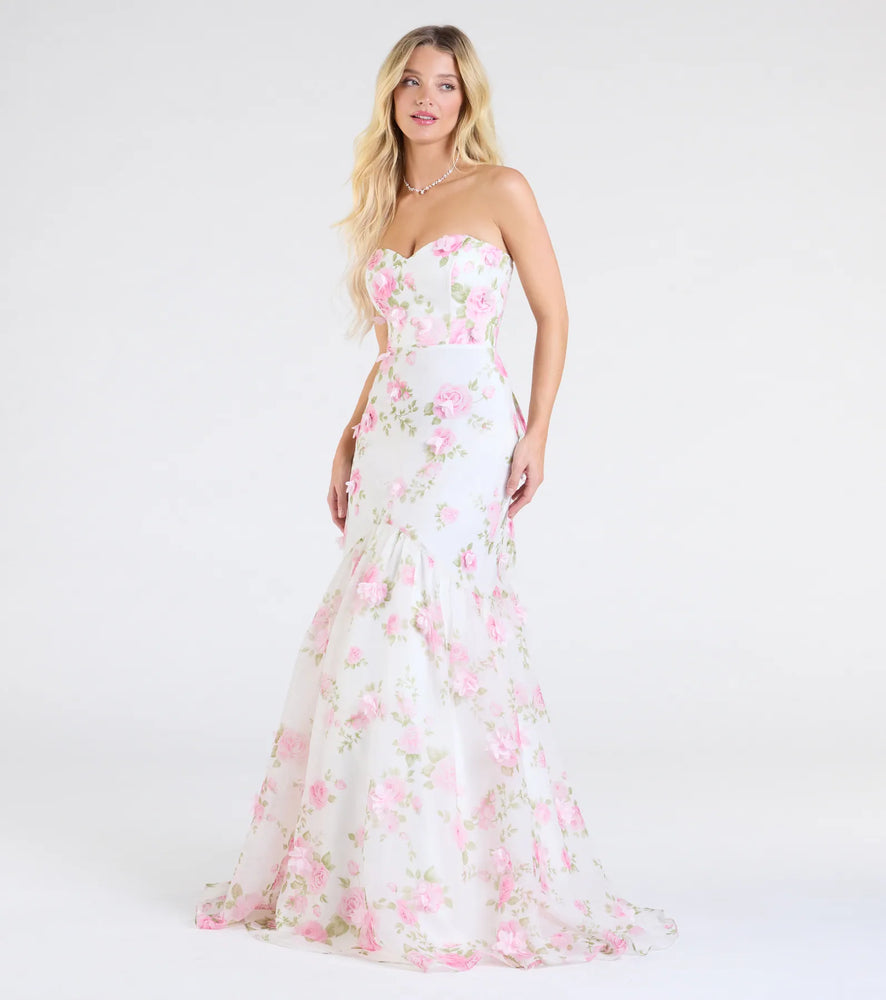 Robin Strapless Lace-Up Floral Mermaid Formal Dress in Ivory