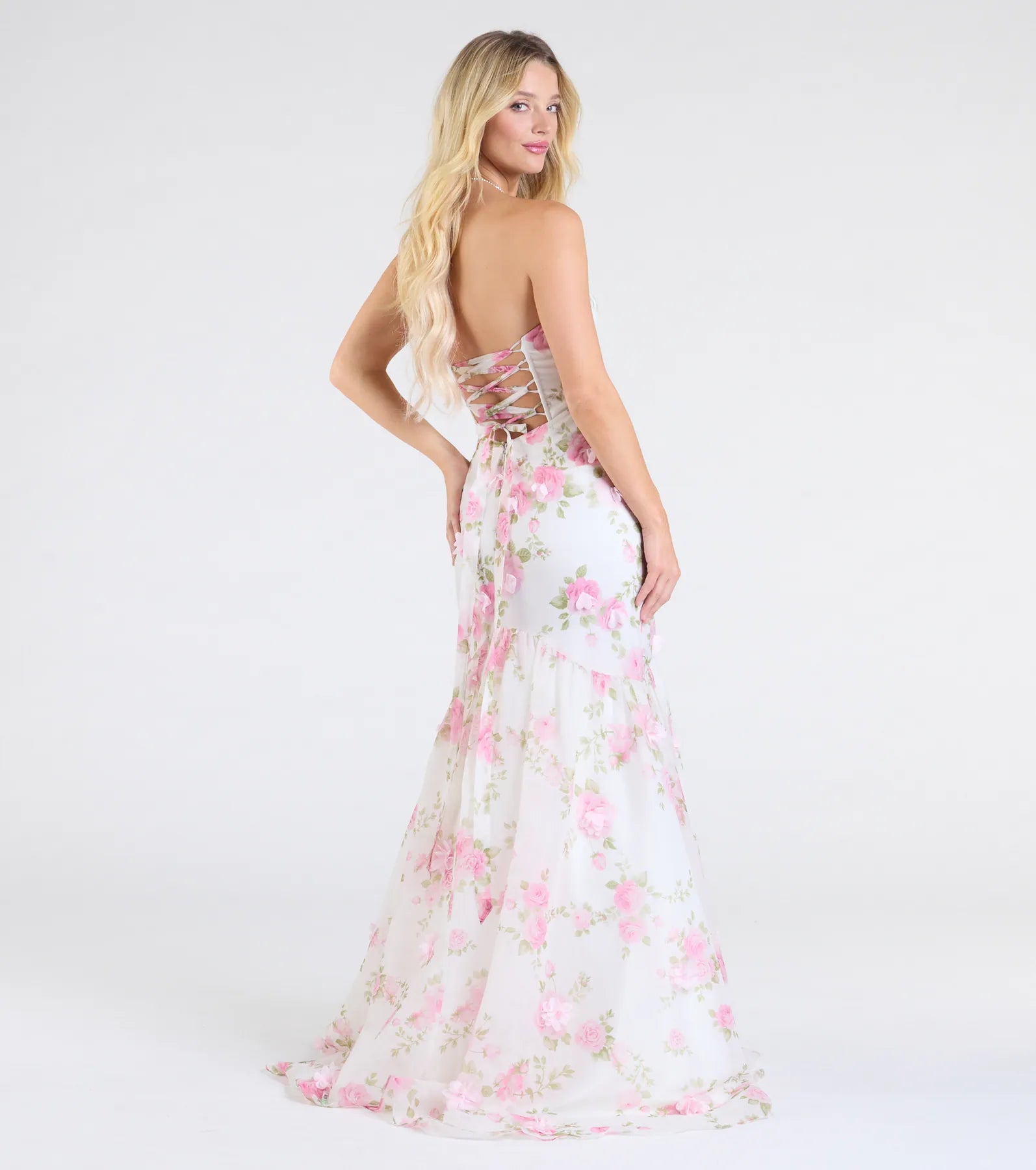 Windsor Robin Strapless Lace-Up Floral Mermaid Formal Dress in Ivory