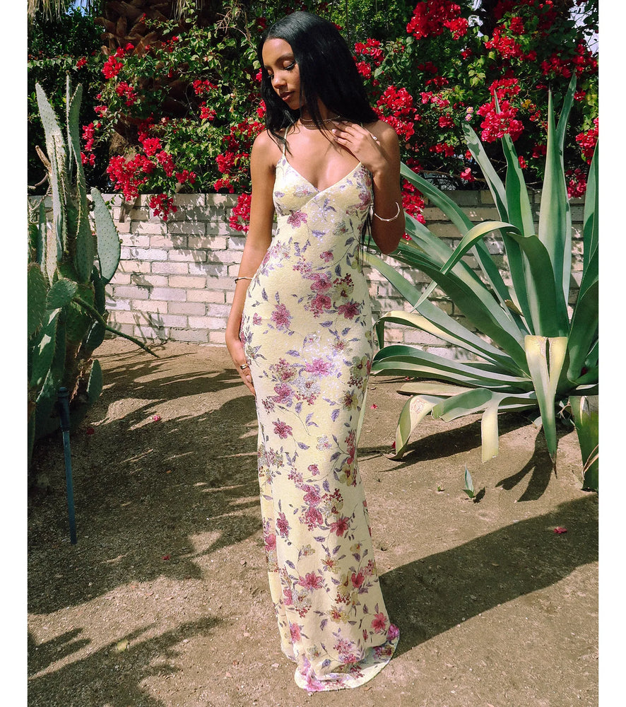 Sierra Lace-Up Floral Sequin Formal Dress in Yellow