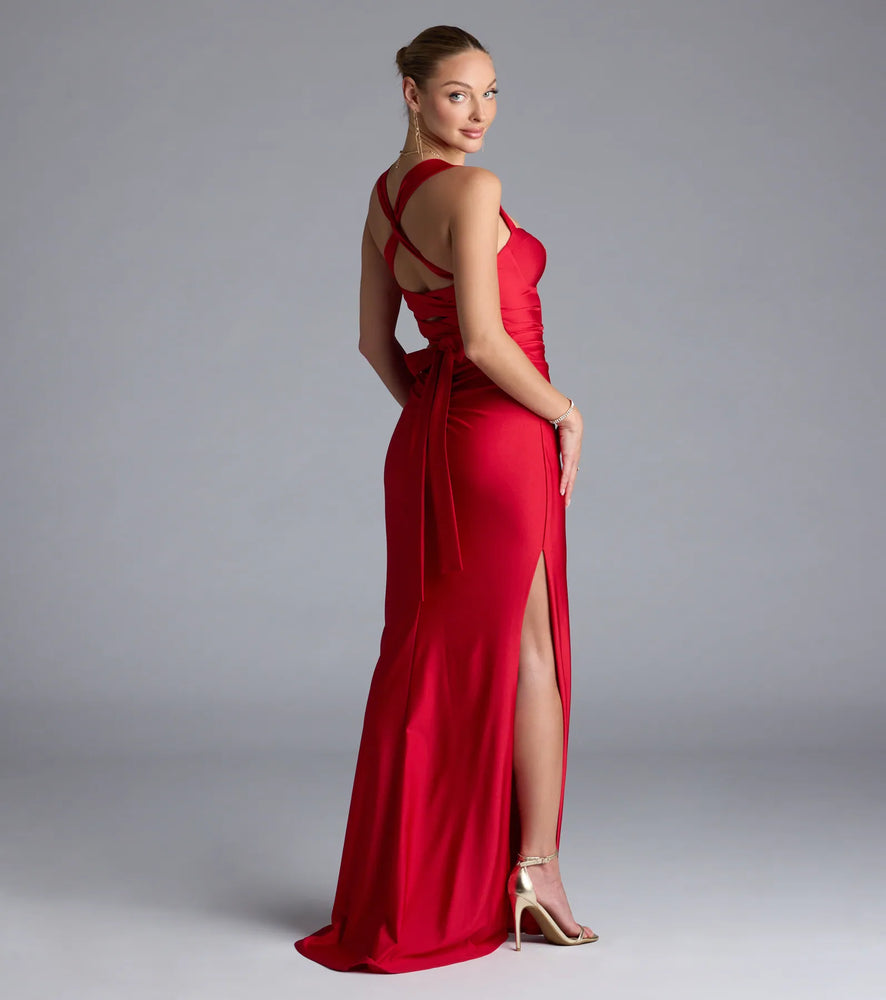 Whitney Lace-Up Slit Formal Dress in Red