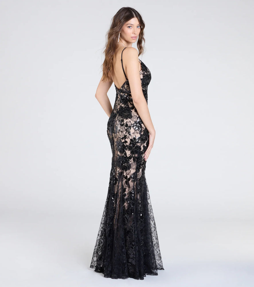 Windsor Naima V-Neck Mermaid Lace Sequin Formal Dress in Black