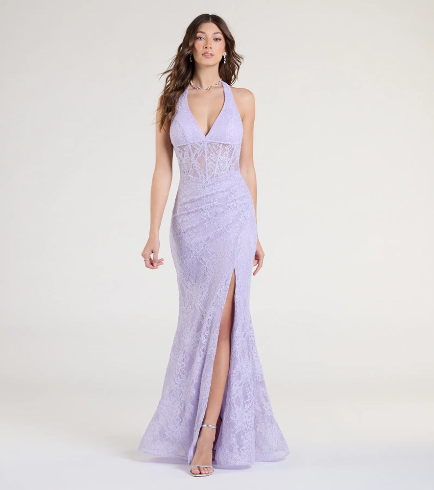 Cadie Halter Corset Slit Lace Formal Dress in Lavender