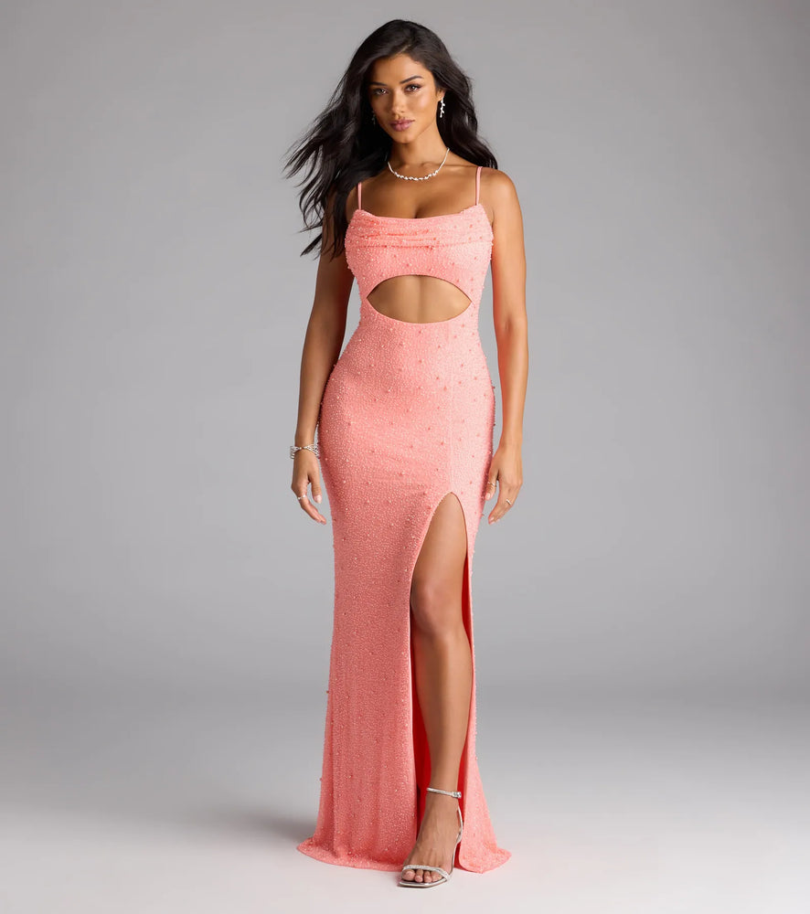 Marine Cutout Slit Mermaid Beaded Formal Dress in Coral