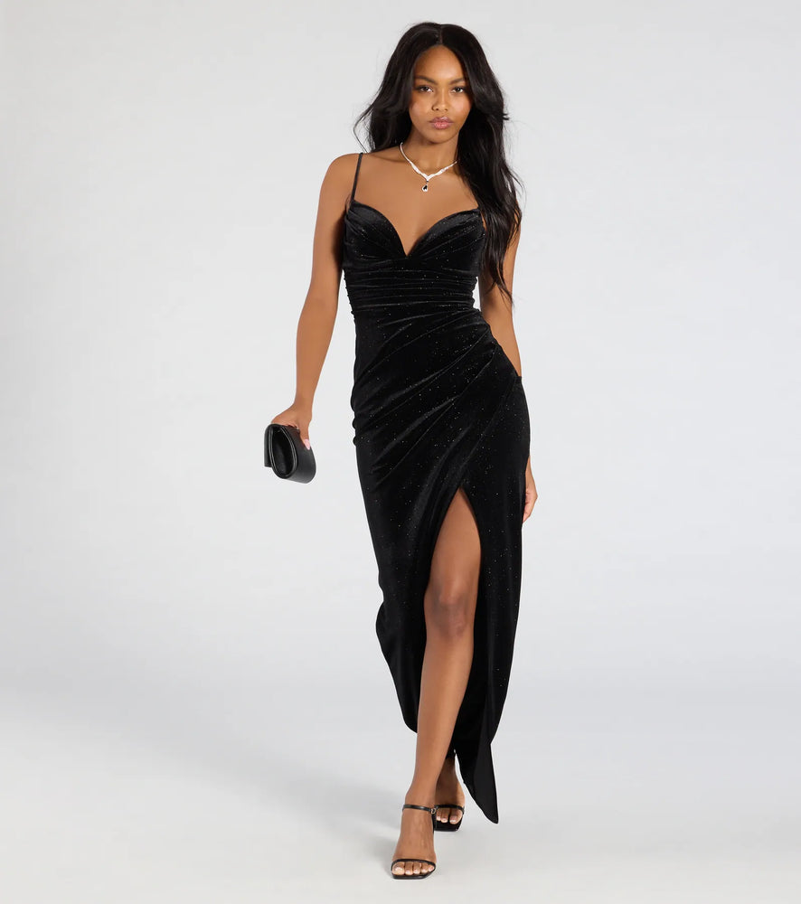 Azella Bodycon Slit Glitter Velvet Formal Dress in Black