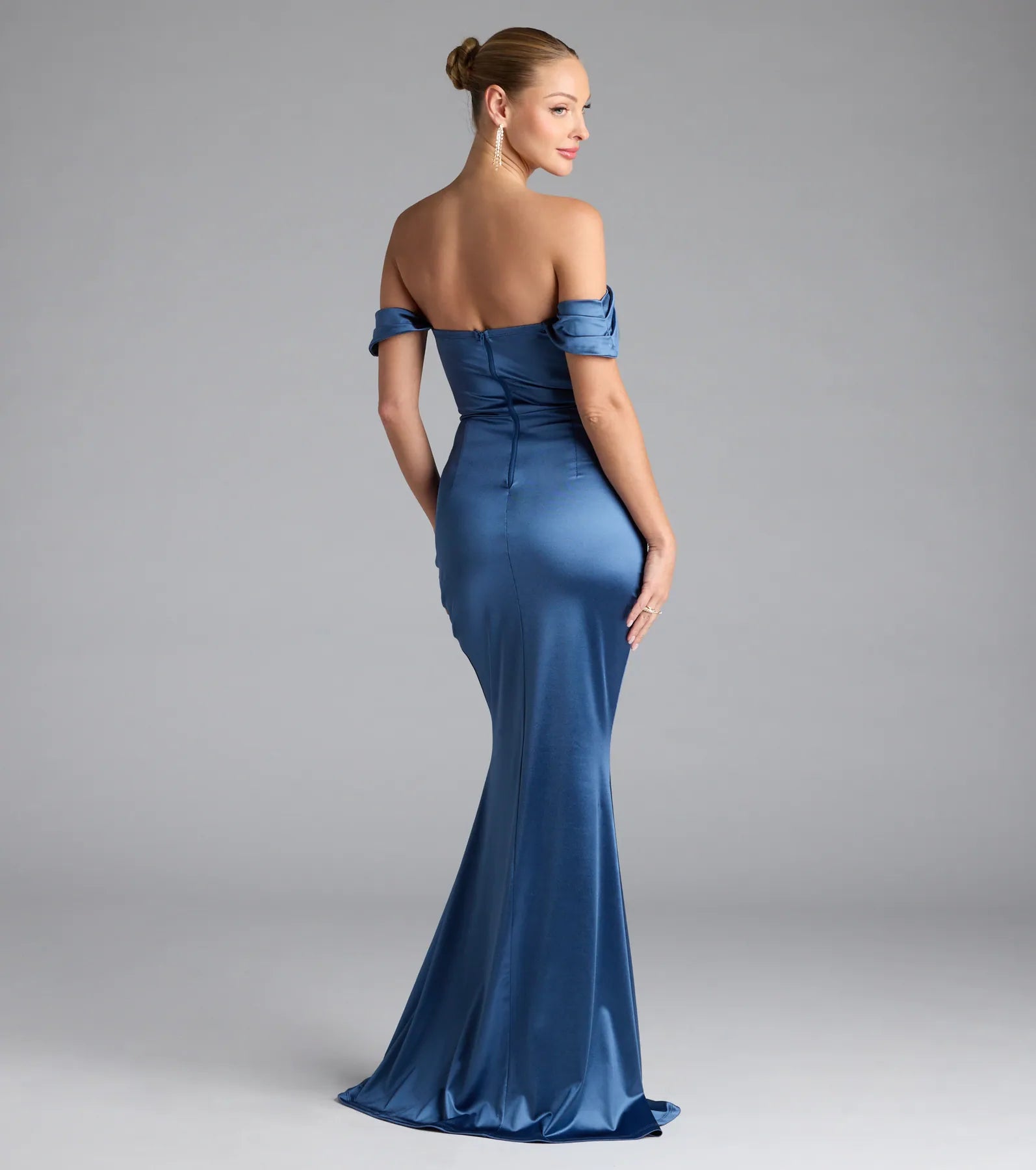 Windsor Belinda Off-The-Shoulder Slit Satin Formal Dress in Denim