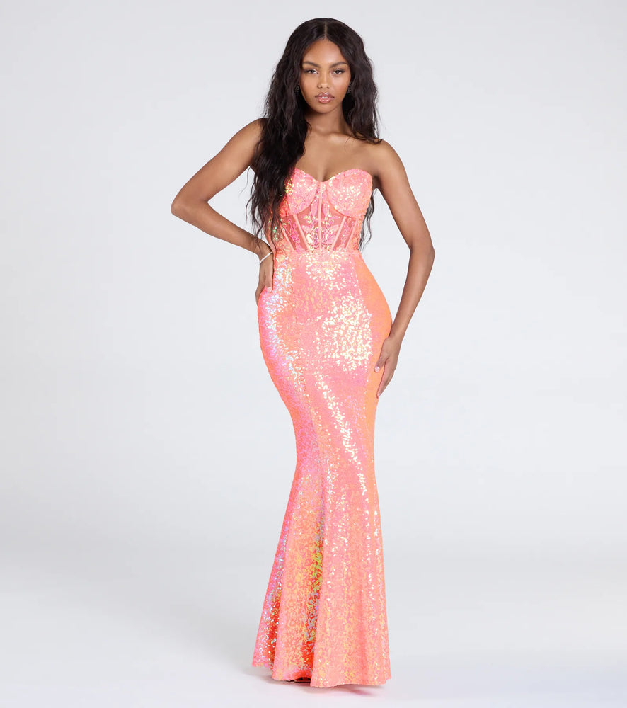 Zoe Lace-Up Corset Mermaid Sequin Formal Dress in Coral