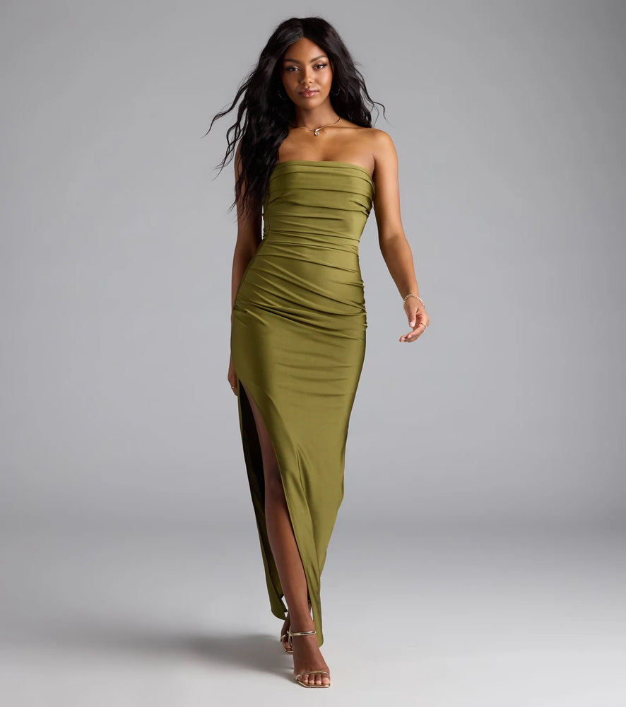 Anisley Strapless High Slit Column Formal Dress in Olive