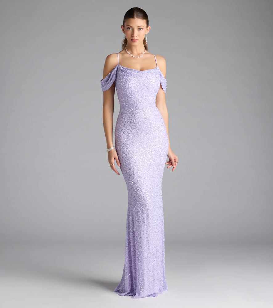 Faye Cold Shoulder Mermaid Beaded Formal Dress in Lavender
