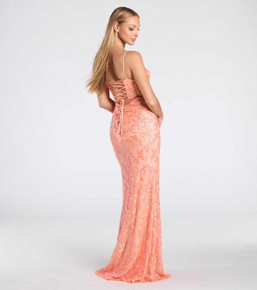 Windsor Celina Sequin Lace-Up High Slit Mermaid Dress in Orange