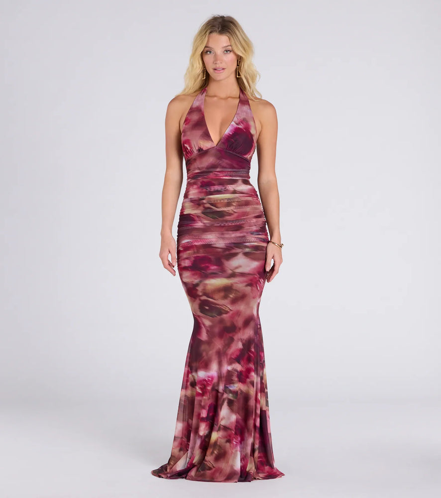 Kelsey Halter Printed Mermaid Formal Dress in Plum