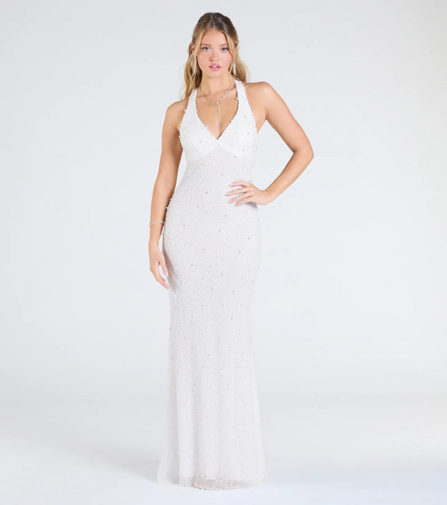 Tyra Halter Open Back Pearl Mermaid Formal Dress in White