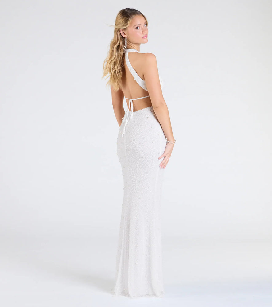 Tyra Halter Open Back Pearl Mermaid Formal Dress in White