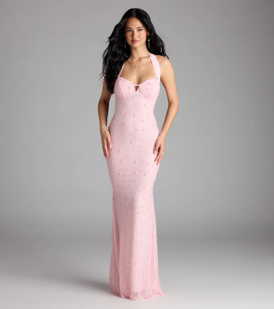 Calla Halter Mermaid Pearl Beaded Formal Dress in Pink