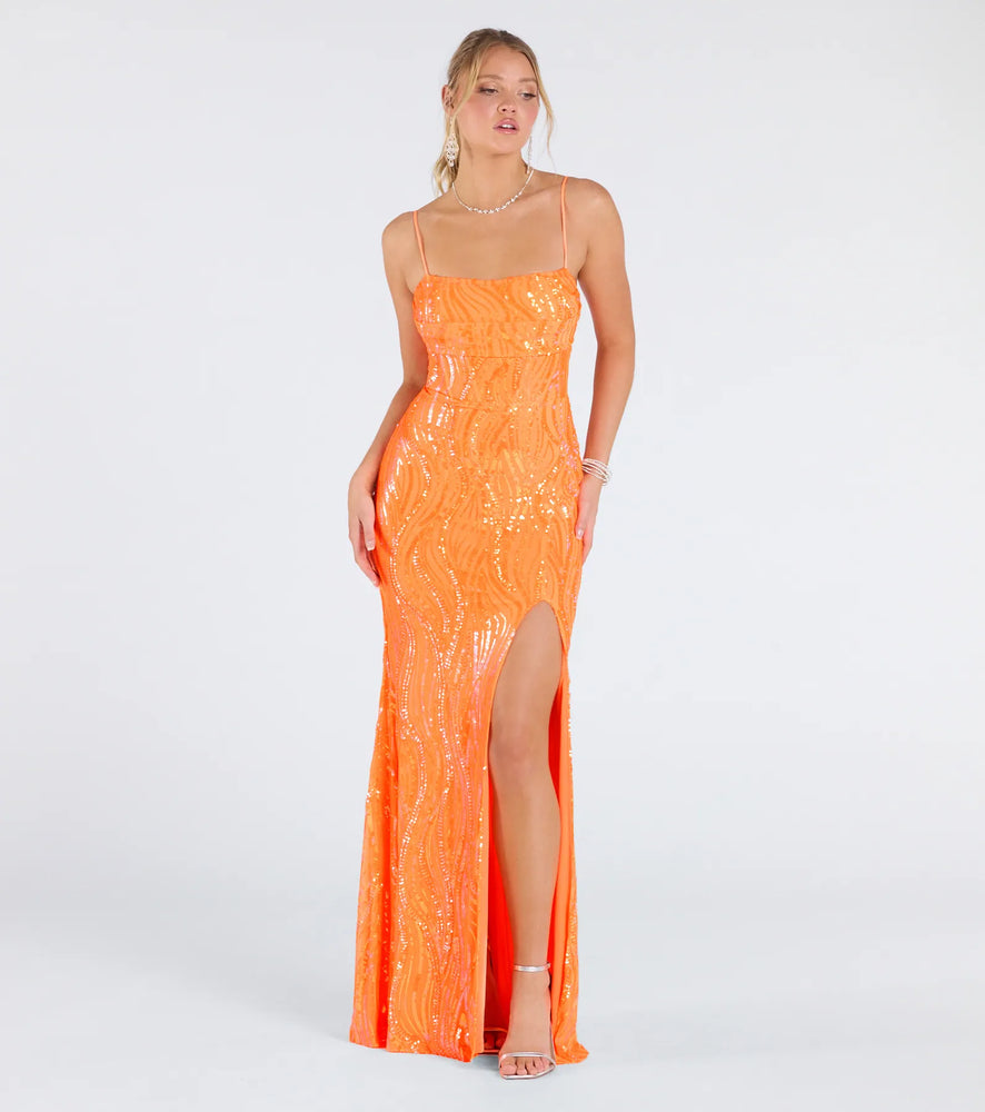 Ashleigh Lace-Up Corset Sequin Formal Dress in Neon Orange