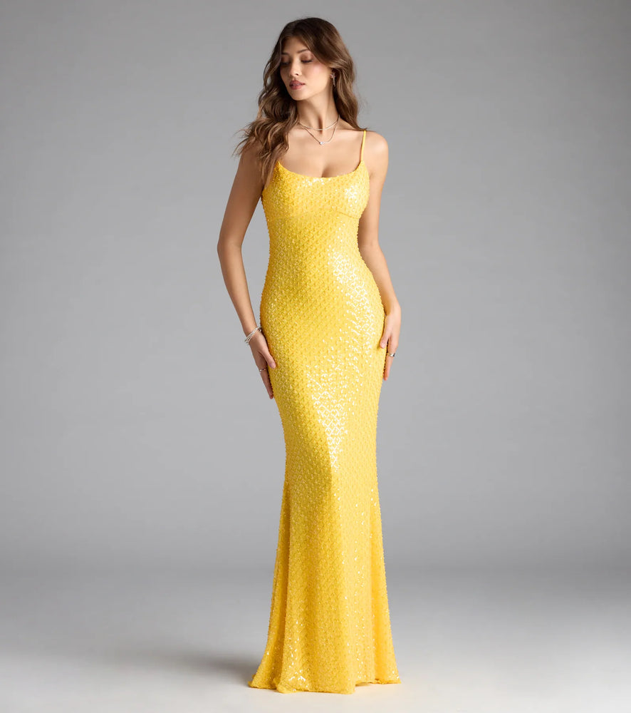 Windsor Amal Open Back Mermaid Bead Sequin Formal Dress in Yellow