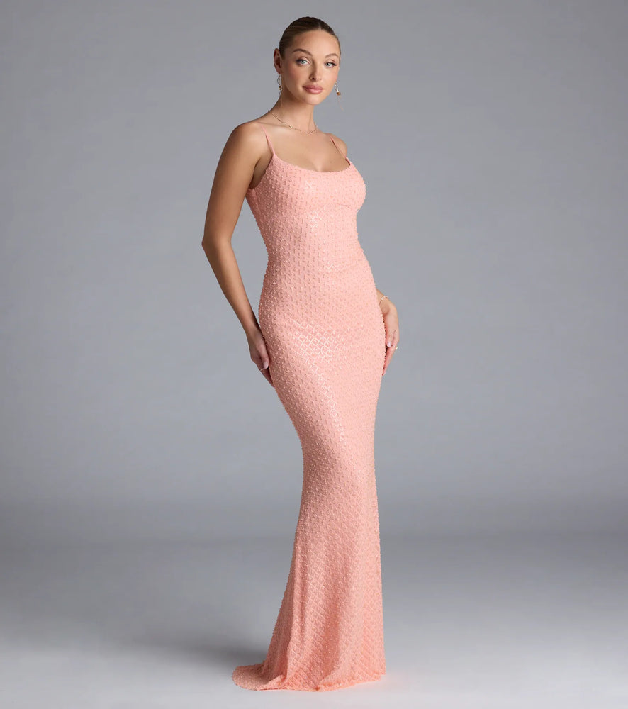 Amal Open Back Mermaid Bead Sequin Formal Dress in Coral