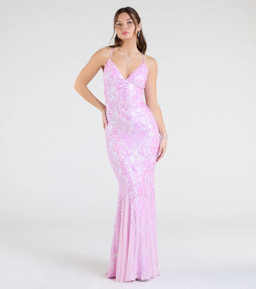 Luna Strappy Back Mermaid Sequin Formal Dress in Lavender