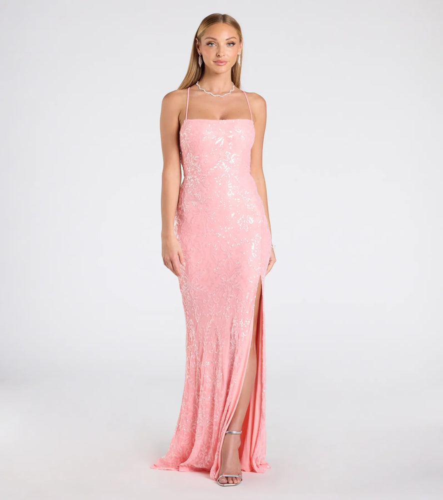 Mariah Lace-Up Slit Sequin Formal Dress in Coral