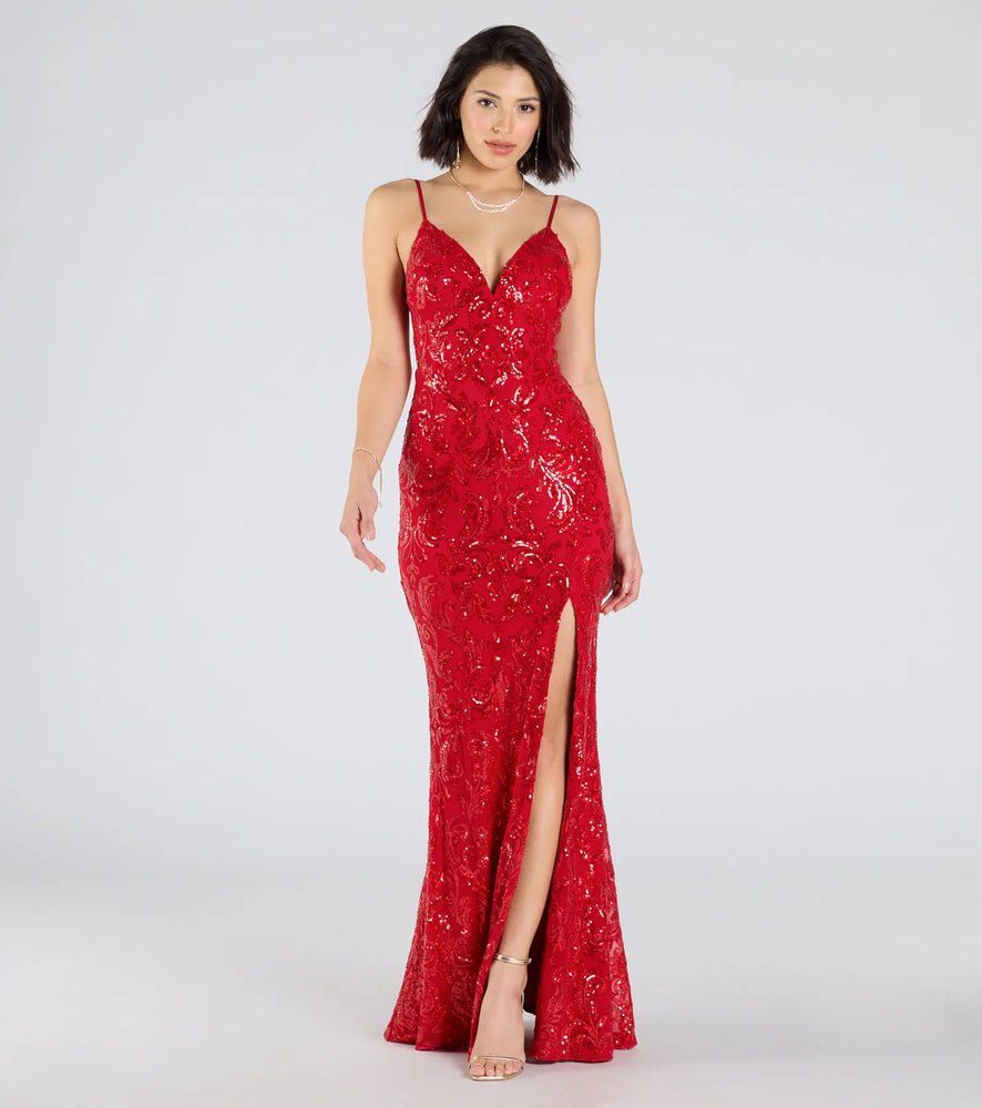 Cecelia Low Back Mermaid Sequin Formal Dress in Red