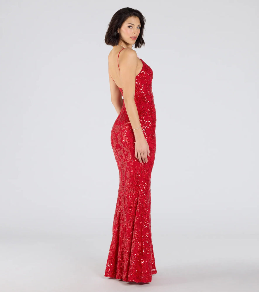 Cecelia Low Back Mermaid Sequin Formal Dress in Red