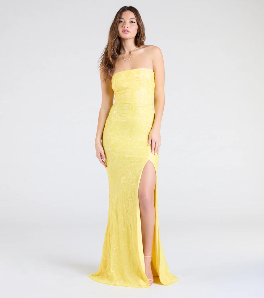 Windsor Barbara Strapless Slit Mermaid Sequin Formal Dress in Yellow