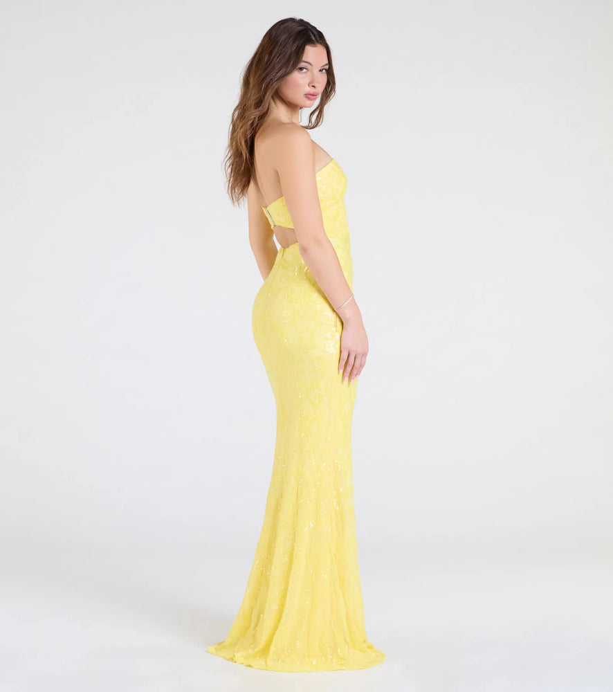 Windsor Barbara Strapless Slit Mermaid Sequin Formal Dress in Yellow