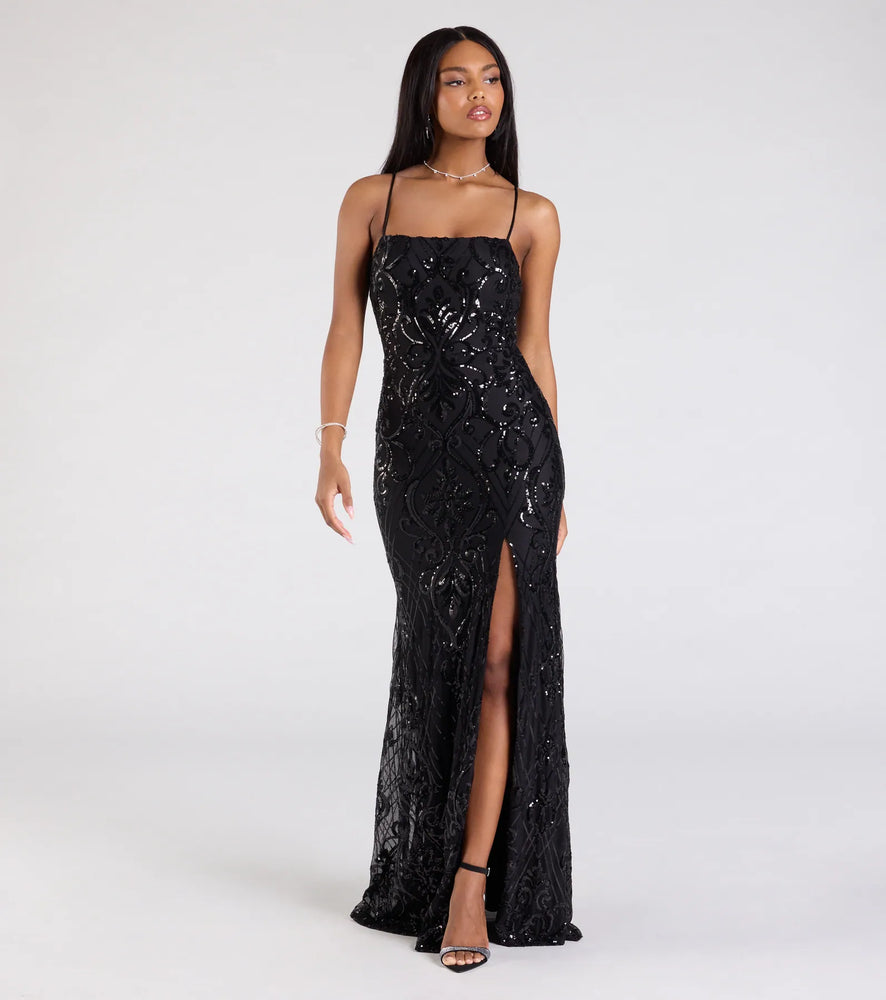 Jillian Sequin Slit Long Formal Dress in Black