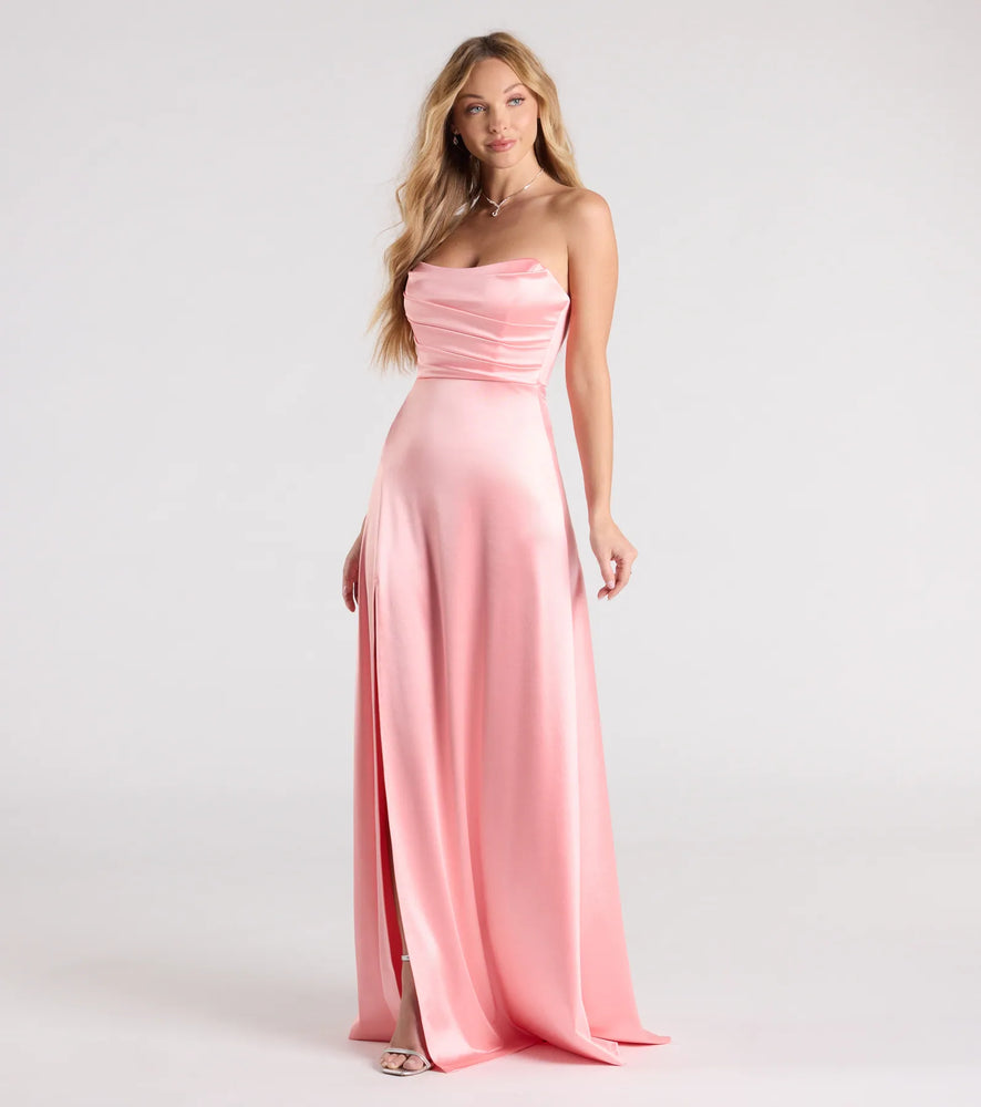 Alison Strapless Slit A-Line Satin Formal Dress in Coral