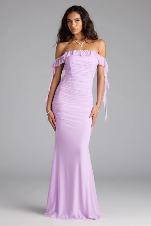 Windsor Deyna Formal Mesh Off-The-Shoulder Long Dress in Lavender