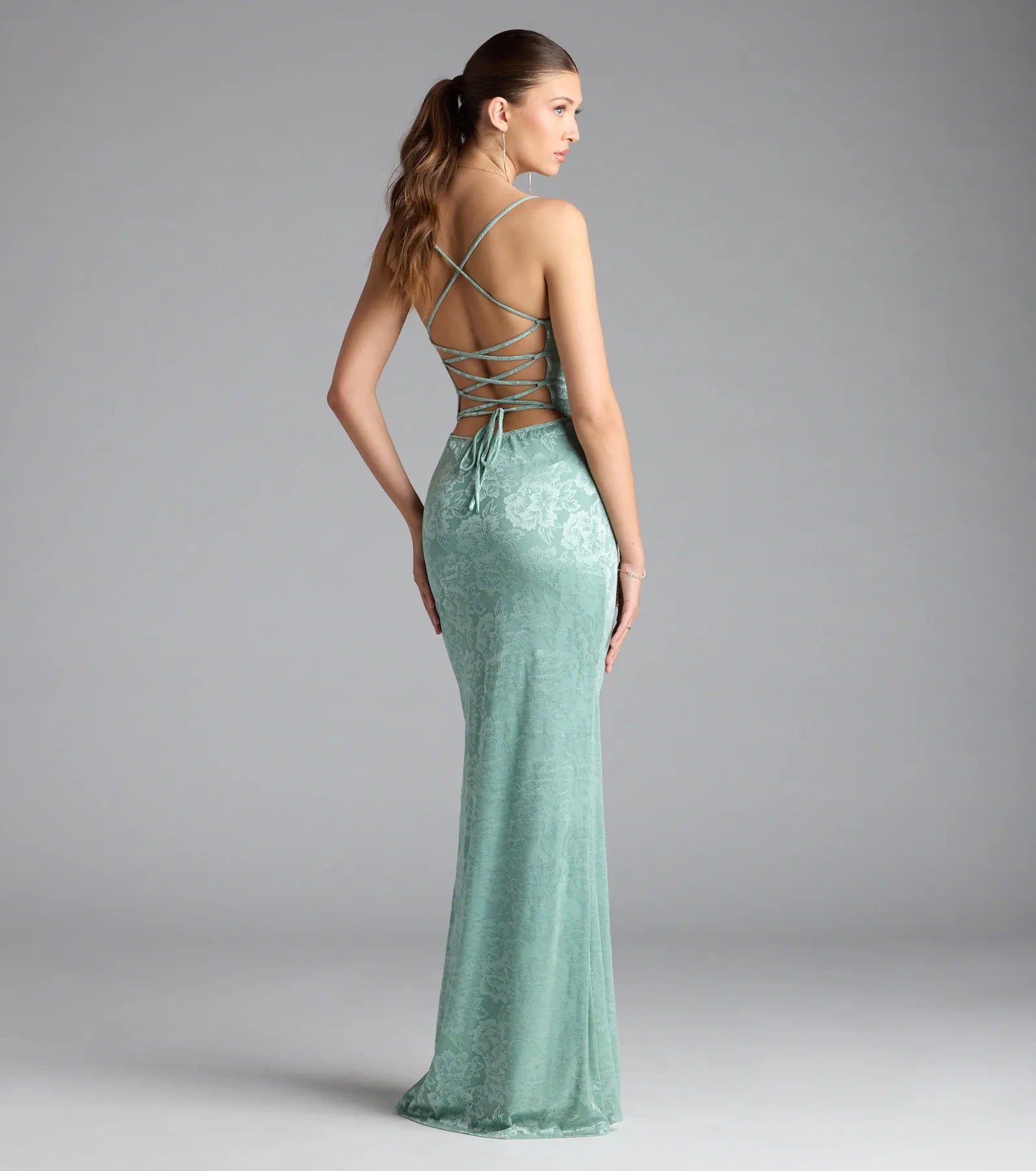 Windsor Kehlani Formal Floral Lace Slit Mermaid Dress in Sea Foam