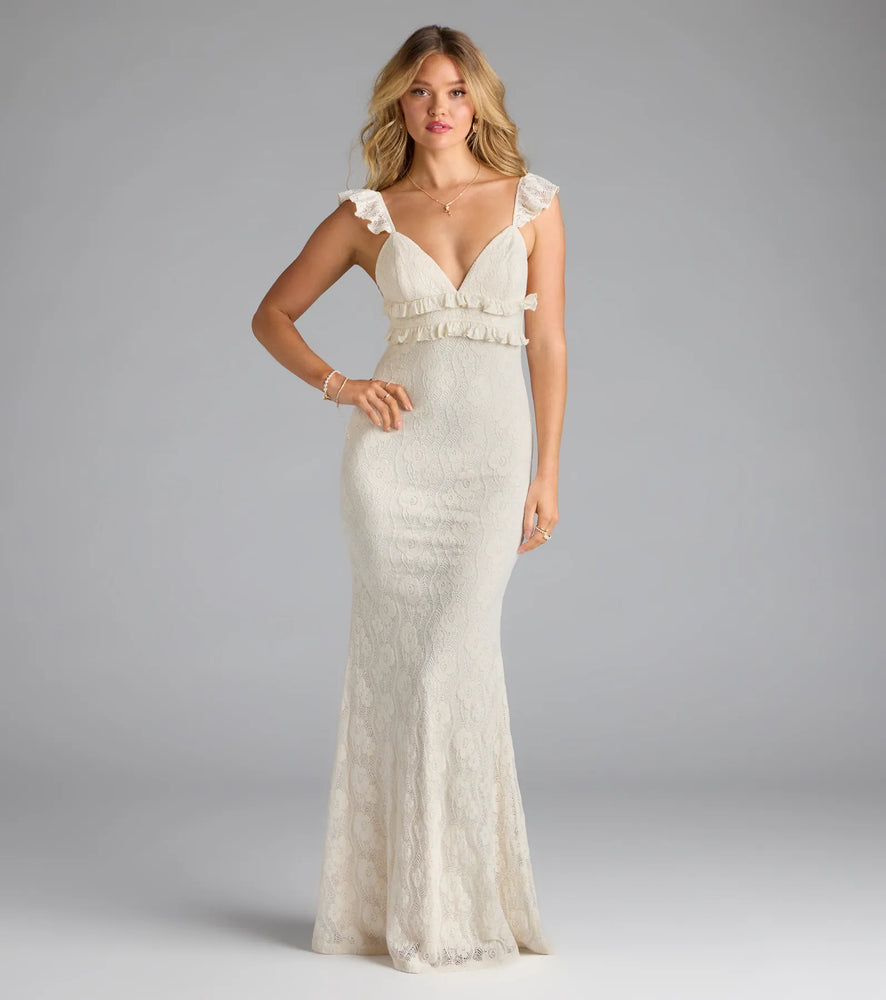 Windsor Romy Ruffle Tie-Back Mermaid Lace Formal Dress in Ivory